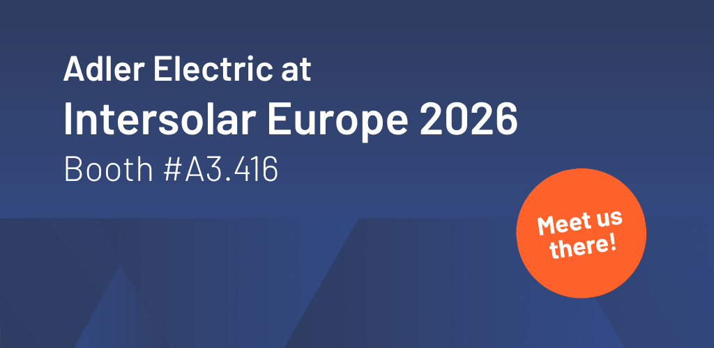 Blue banner with content "Adler Electric at Intersolar Europe 2026"